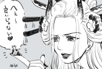 giantess horns monochrome long_hair sword teeth japanese_clothes weapon open_mouth jewelry smile earrings fingernails looking_at_viewer katana hair_ornament solo greyscale tiny_person hair_flower drawing