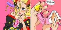 drawing giantess comic blue_eyes lipstick makeup blonde_hair tiny_man hetero giorno_giovanna male_focus animal_print