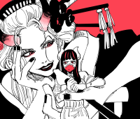 giantess horns monochrome long_hair teeth red_eyes fangs shrunken_woman open_mouth smile looking_at_viewer makeup multicolored_hair limited_palette drawing