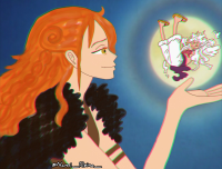 drawing giantess long_hair green_eyes moon gloves dress night sky smile white_dress orange_hair full_moon alternate_hairstyle frills tiny_man multiple_views