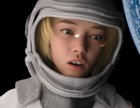 giantess earth space blue_eyes teeth lips face portrait sky looking_at_viewer hood starry_sky parted_lips solo blonde_hair tiny_man star_(sky) space_suit