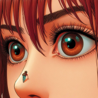 giantess micro tiny_man blue_eyes lips short_hair face eyes jewelry smile looking_at_viewer bangs red_background parted_lips solo brown_hair 1girl close-up