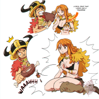 breasts large_breasts long_hair cleavage food hat jewelry monkey_d_luffy closed_eyes necklace earrings bracelet orange_hair nami_(one_piece) tiny_man medium_breasts 1girl english_text 1boy anger_vein giantess