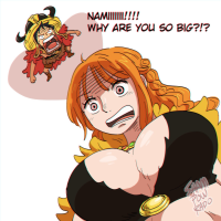 giantess breasts large_breasts long_hair teeth nami open_mouth hat jewelry orange_hair brooch tiny_man pov 1girl english_text chibi