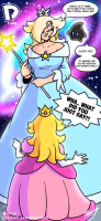 giantess comic long_hair princess_peach gloves dress black_eyes crown pink_dress jewelry earrings bracelet elbow_gloves wand sharp_teeth white_gloves spikes facial_hair super_crown frills blonde_hair tiny_woman 1girl english_text rosalina 3koma