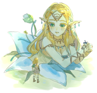 giantess breasts long_hair blue_eyes cleavage fairy dress short_hair sandals open_mouth jewelry smile white_dress braid necklace earrings looking_at_viewer bare_shoulders bangs thick_eyebrows solo princess_zelda blonde_hair tiny_man blush medium_breasts 1girl chibi pointy_ears full_body brown_footwear parted_bangs multicolored
