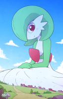 mega red_eyes green_hair day gardevoir village grass cloud standing outdoors sky smile road looking_at_viewer green_skin closed_mouth solo blue_sky blush pokemon_(creature) hair_over_one_eye gen_3_pokemon tiny_homes furry