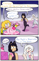 giantess white_hair tail comic black_hair tongue glasses pajamas cat_ears yellow_eyes fox_ears open_mouth sky watermark multiple_girls english_text animal_ears square_4koma