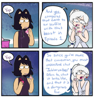 giantess white_hair comic black_hair blue_eyes glasses yellow_eyes condom open_mouth sleeveless gothic meme speech_bubble multiple_girls 2girls english_text square_4koma truth profanity