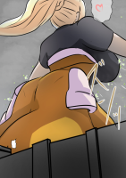 breasts giantess long_hair ass ponytail heart unaware shirt braid short_sleeves facing_away grey_background black_shirt speech_bubble solo blonde_hair from_behind 1girl spoken_heart