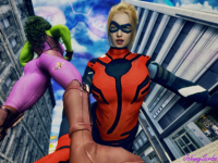 breasts giantess wings mega shrunken_woman costume green_skin she-hulk cassie_lang stature marvel_comics the_wasp johnnyscribe green_hair city blonde butt buildings multiple_sizes boots muscles mask pants avengers looking_at_tiny janet_van_dyne