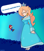 breasts comic long_hair mario princess_peach lips gloves dress crown overalls hat jewelry earrings bare_shoulders mustache long_dress long_sleeves facial_hair sparkle brooch blue_dress blonde_hair tiny_man brown_hair 1girl english_text 1boy halftone halftone_background polka_dot polka_dot_background red_headwear star_(symbol) rosalina aqua_dress funnyhoohooman giantess