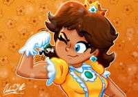 breasts drawing color blue_eyes brunette gloves dress muscles crown shrunken_man luigi super_mario dark_skin hat flexing freckles earrings princess_daisy no_background looking_at_tiny klakuladd giantess