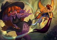 tiny_woman giantess panties fairy monstergirl pixie panty breasts wings long_hair dress short_hair open_mouth dark_skin hat jewelry black_dress bracelet bare_shoulders orange_hair watermark witch_hat strapless_dress multiple_girls brown_hair medium_breasts 2girls outstretched_hand