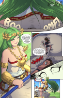 giantess tiny_woman drawing butt butt_crush biting butt_smother dialogue under_butt jora-bora palutena kid_icarus darkarri dari original_character breasts comic large_breasts long_hair cleavage green_eyes goddess green_hair dress chain jewelry thighhighs necklace bare_shoulders beard facial_hair strapless_dress armlet very_long_hair brown_hair blush english_text strapless hetero single_thighhigh pit_(kid_icarus)