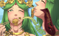 long_hair tongue green_eyes green_hair fork eating open_mouth holding jewelry closed_eyes necklace bangs facial_hair one_eye_closed blush tongue_out collarbone drawing giantess vore shrunken_woman food x-ray chopsticks ramen internal_view jora-bora palutena min_min tiny_woman