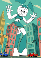 drawing giantess city mega color robot destruction street cartoon vehicles my_life_as_a_teenage_robot xj-9 jenny_wakeman drsgrowth growth skirt buildings top bare_legs bare_midriff lamp_post