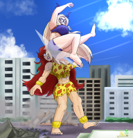 breasts drawing giantess city mega blonde color long_hair butt crossover bra skirt buildings giganta gloves red_hair muscles fighting mask costume bracelet leopard_print dc_comics my_hero_academia bare_midriff lordshrekzilla20 horns toes barefoot cleavage shorts abs top debris butt_slam