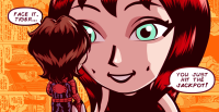 breasts drawing giantess mega color blue_eyes brunette red_hair looming costume dialogue looking_at_tiny mary_jane spider-man marvel_comics peter_parker haru_ch1 smiling