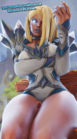 marvel_rivals large_breasts blue_eyes earrings leotard thick_thighs looking_at_tiny bare_legs peter_parker breasts giantess blonde sitting mask thighs costume thigh_crush dialogue x-men glowing_eyes emma_frost digital_render spider-man marvel_comics artempredator