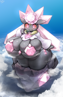 drawing giantess pokemon blushing giga anthro color cleavage bra huge_breasts pink_eyes day open_mouth dark_skin flying clouds thighs outdoors sky sunny voluptuous crystal semi_nude thick_thighs diamond pointed_ears gem looking_at_tinies jewel floating_island diancie yboon