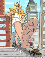 breasts drawing giantess city mega blonde color long_hair destruction blue_eyes toes barefoot rampage skirt buildings military tank street unknown_artist foot_crush vehicles tiara hands_on_hips stuck_to_foot bare_legs on_head foot_prints looking_at_tinies catra she-ra soruce_needed catgirl leaning_on_builing