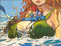 breasts giantess nude long_hair water purple_hair mermaid waves monster_girl multicolored_hair multiple_girls signature blonde_hair medium_breasts 2girls dated traditional_media head_out_of_frame artist_name marker_(medium) tiny_monster