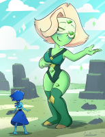 breasts beach barefoot cleavage green_eyes green_hair short_hair day grass cloud standing outdoors sky smile thighhighs head_fins makeup green_skin eyeshadow one_eye_closed multiple_girls signature blonde_hair blue_sky tiny_woman medium_breasts 2girls patreon_username giantess