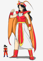 giantess black_hair long_hair crossover dress boots black_eyes standing pants cosplay jewelry smile cape earrings grey_background tiny_man 1girl 1boy full_body chi-chi_(dragon_ball) son_gokuu chi-chi
