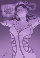 drawing vore monochrome mouthplay nurse halloween shrunken_woman sketch imminent_vore jora-bora steam palutena kid_icarus medusa_(kid_icarus) breasts large_breasts cleavage 1girl 1boy purple_background purple_theme gradient gradient_background nurse_cap