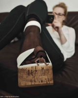 giantess crush foot glasses sitting holding indoors blurry tiny_man 1girl 1boy web_address chunky_heels toe