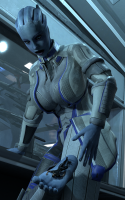 large_breasts blue_eyes table shrunken_man thighs indoors shepard stuck_to_foot dais1984 breasts alien toes barefoot foot_crush blue_skin looking_at_tiny digital_render mass_effect liara asari