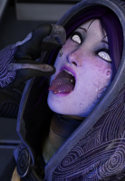 breasts black_hair tongue saliva purple_hair open_mouth freckles purple_skin looking_at_tiny vore alien tali dangle hood imminent_vore digital_render mass_effect miranda_lawson quarian bakedalaskabigs