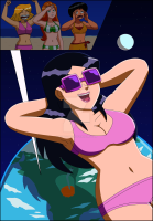 bikini breasts drawing giantess earth space comic color swimsuit cleavage mandy sunglasses clover totally_spies alex sam nightcore100 giga blonde black_hair large_breasts long_hair beach ocean green_eyes brown_eyes moon red_hair short_hair glass drink thighs stars sunbathing cosmic_giantess bare_legs cutaway bare_midriff
