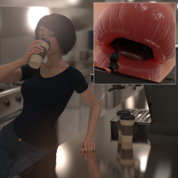 large_breasts short_hair kitchen table open_mouth coffee leaning thighs milf hanging_on imminent_vore coffee_cup oven gogo_tomago aunt_cass hair_streak breasts vore black_hair jeans brunette unaware shrunken_woman disney necklace digital_render cutaway big_hero_6 bakedalaskabigs