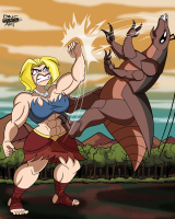 blue_eyes abs monster fist necklace trees kaiju breasts drawing giantess tail mega blonde color fight toes cleavage skirt dinosaur supergirl muscles jungle fangs top ripped_clothing dc_comics bare_legs bare_midriff dc_super_hero_girls dncsamsonart roachra