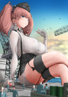 giantess breasts large_breasts long_hair ass skirt gloves sitting open_mouth cloud bird outdoors sky hat jewelry navy grey_eyes shirt earrings black_skirt suspenders white_shirt bangs blurry hair_ornament long_sleeves dress_shirt thigh_strap headgear seagull garter_straps tiny_man brown_hair blush tiny_people 1girl crossed_legs 2girls eyebrows_visible_through_hair star_(symbol) star_earrings atlanta_(kantai_collection) two_side_up garrison_cap high-waist_skirt partly_fingerless_gloves suspender_skirt bra_through_clothes anchor_hair_ornament crane_(machine) single_earring