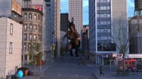 giantess city black_hair easter candy digital_render large_breast taintedwizard car building long_hair street day skyscraper cloud standing bird railing outdoors sky road bag fence crosswalk sign traffic_light fire_truck easter_egg brown_hair blue_sky scenery cityscape 1girl animal_ears ground_vehicle motor_vehicle real_world_location road_sign fire_fighter