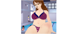 giantess glasses mini_giantess poolside koikatsu indoor_pool bikini breasts large_breasts long_hair swimsuit cleavage water brunette pool indoors topanga