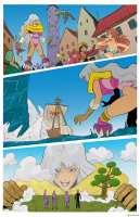 breasts giantess white_hair panties comic long_hair teeth one_piece ocean underwear smiling gloves dress grin weapon day cloud overalls outdoors sky pink_dress tinies bracelet sharp_teeth spikes super_crown multiple_girls multiple_boys strapless 2boys 3koma
