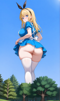 ambiguously_alice yuegts giantess giga size_difference blonde large_breasts blue_eyes skirt dress looking_down forest white_panties alice_in_wonderland looking_back trees behind_view thick_thighs alice ai_art white_apron black_hairband