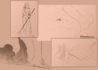 comic monochrome long_hair dress short_hair weapon shrunken_man sepia jewelry short_sleeves 2girls puffy_sleeves puffy_short_sleeves giantess micro unaware broom sweeping