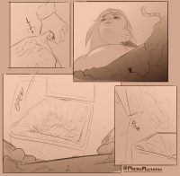 giantess unaware trash dustpan trash_bin comic monochrome sweat close_up cloud standing sepia english 1boy age_difference
