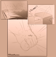 blushing comic monochrome lying_down short_hair close_up standing sepia dust garbage_can motion_lines 1girl 1boy emphasis_lines silent_comic giantess feet unaware