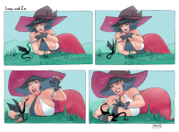 giantess dragon witch bikini breasts comic black_hair large_breasts swimsuit cleavage gloves short_hair grass open_mouth english hat black_gloves veins witch_hat muscular_female 1girl 3koma