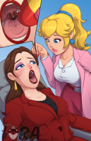 breasts blushing blonde long_hair tongue blue_eyes teeth cleavage brunette lips ponytail dress uvula shrunken_man open_mouth food jewelry casual earrings belt sharp_teeth makeup mole pointed_ears multiple_girls 2girls cross-section lipstick_mark uterus giantess mario princess_peach pauline