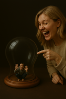 giantess shrunken_man blonde long_hair tongue teeth brunette sitting open_mouth sweater closed_eyes long_sleeves realistic ai_art