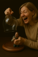 blonde tongue teeth smiling sitting open_mouth holding cup sweater shirt closed_eyes fingernails black_background long_sleeves realistic ai_art 1boy male_focus giantess shrunken_man