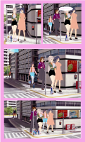 giantess mini_giantess giantesses original_characters multiple_female solo_male yumeji_kotaki chieri_oomine neiro_nanami au topanganikki laoisa western_comic_style test_page breasts white_hair city comic black_hair purple_hair brunette street dress twintails shorts pants jacket dialogue bare_legs monika_brau