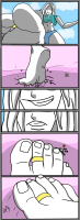 giantess comic teeth smiling grin day shrunken_man close_up cloud sky jewelry rings 4koma 1girl 1boy wedding_band silent_comic